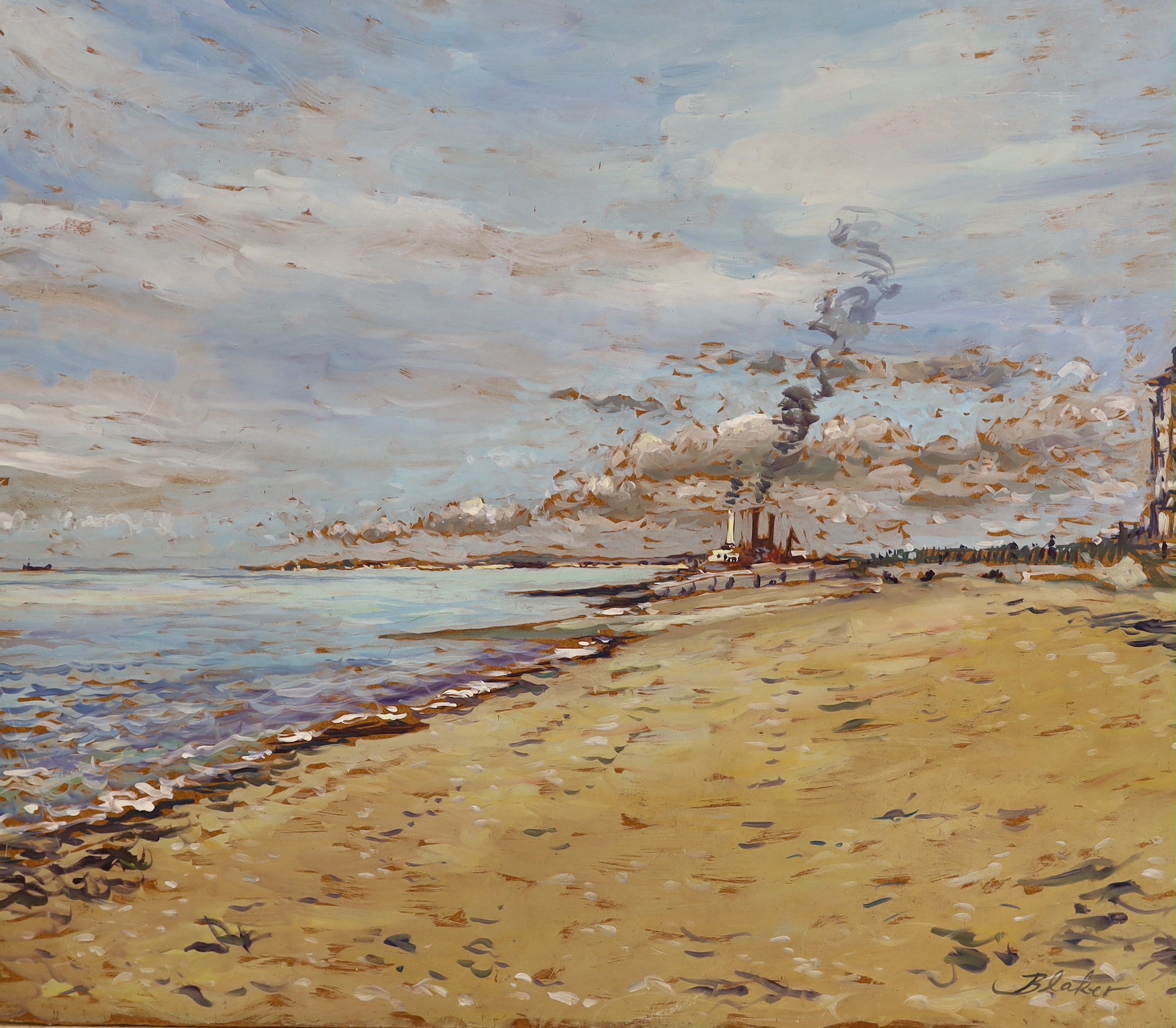 Michael Blaker (1928-2018), two oils on board, 'West Pier, Brighton' and 'View along the beach towards Shoreham', signed, 51 x 61cm, unframed